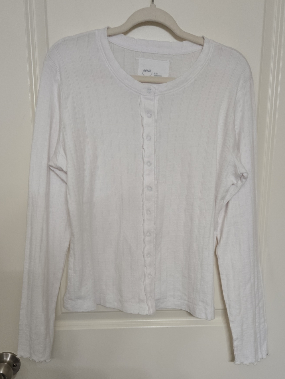 aerie White Ribbed Button-Front Long Sleeve Top